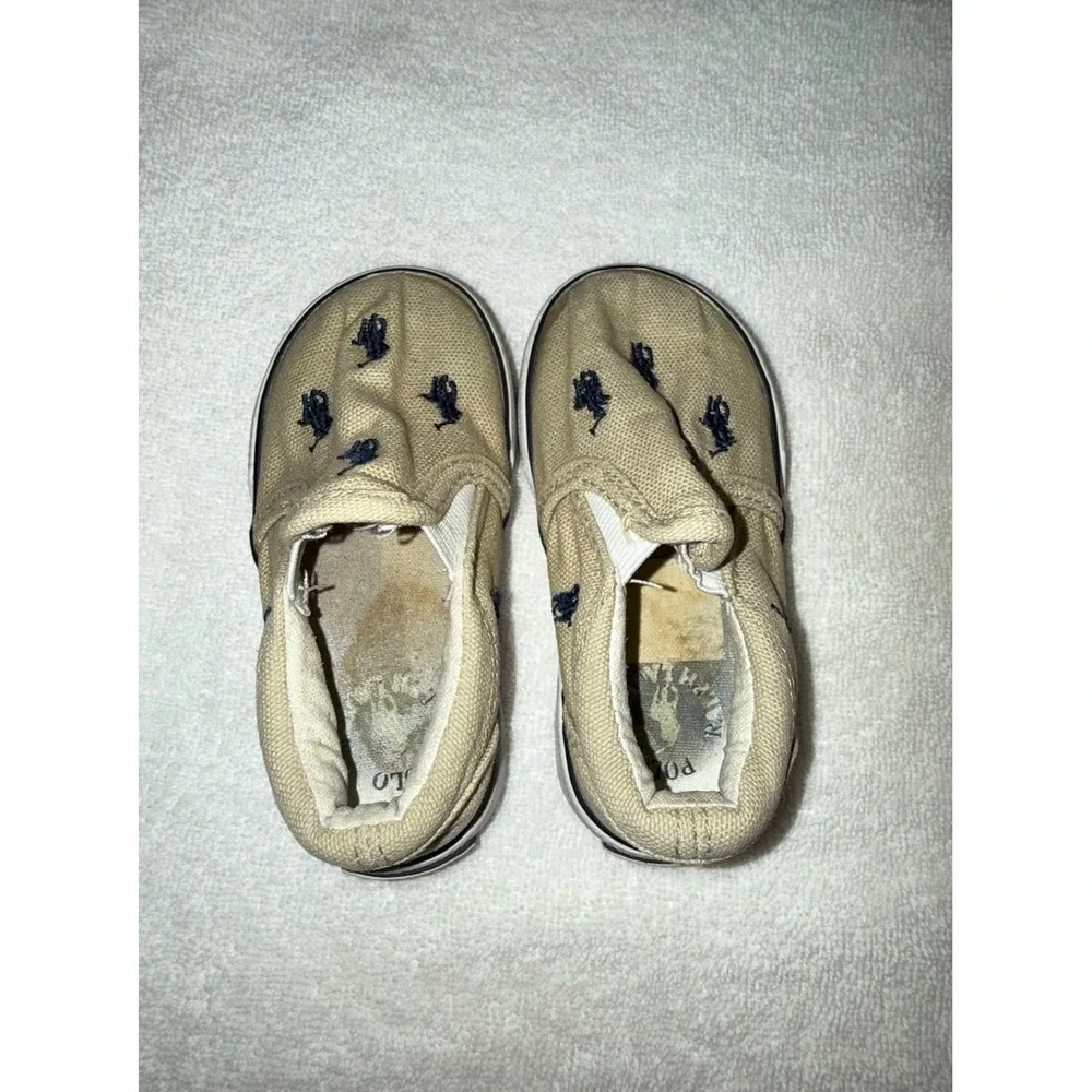 Polo Ralph Lauren Little Boys Shoes Size 5 Slip‎ On, Tan With Blue Horses